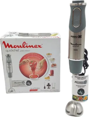A product box and a hand blender are shown against a white background.