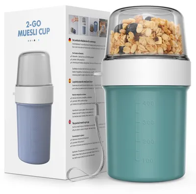 Productafbeelding van Muesli-beker voor onderweg - Lekdichte yoghurtbeker met twee compartimenten - Ideaal voor onderweg - Blauw-groen, 560 ml + 310 ml