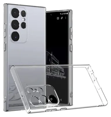 A clear phone case is shown in front of a phone.