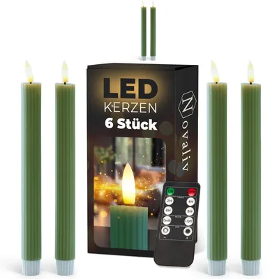 Obrázok produktu pre LED sviečky s časovačom, zelené, 6 kusov, vhodné do interiéru - 6 hodín. Skutočný vosk, textúrované, výška 23 cm, priemer 2,2 cm. Potrebné 2 batérie AAA. Sada 2 zelených LED sviečok s pohyblivým plameňom