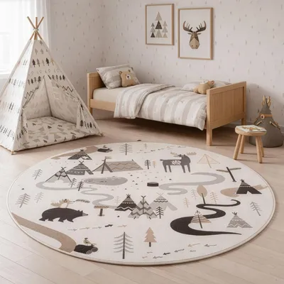 Produktbild von SIMPEX Kinderteppich Wald Tiere für Kinderzimmer Naturmotiv fördert Kreativität und Lernen Größe: 120 cm Rund , Farbe: Creme-5