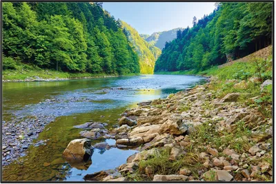Produktbild von Wallario Wandbild Fluss in den Bergen an steinigem Ufer, Größe: 61 x 91,50 cm, Poster mit schwarzem Aluminiumrahmen