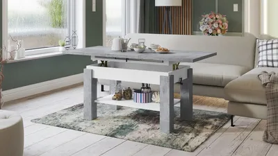 Produktbild von Couchtisch Astoria Beton / Weiß höhenverstellbar ausziehbar Esstisch