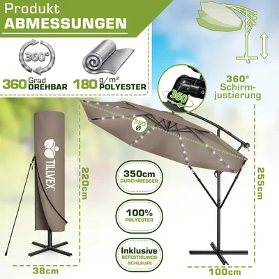 Produktbild von tillvex Alu Ampelschirm Cappuccino LED Solar Ø 350 cm mit Kurbel | Sonnenschirm mit An-/Ausschalter | Gartenschirm UV-Schutz Aluminium | Kurbelschirm mit Ständer Marktschirm wasserdicht