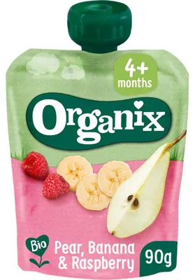 Obrázek produktu pro Organix Knijpfruit Hruška, banán & Malina 90g – příkrm pro miminko od 4 měsíců
