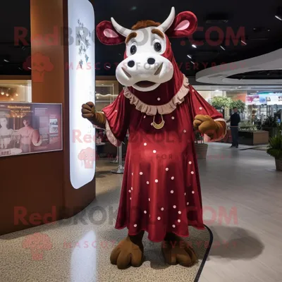 Produktbild von Kastanienbrauner REDBROKOLY Kuh Maskottchen Kostüm charakter bekleidet mit einem Maxikleid und Fußpolstern