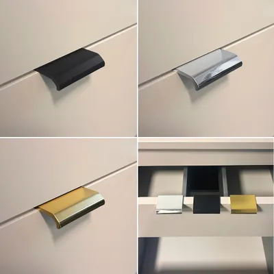 A collage of drawer handles in different finishes and a view of open drawers with sample handles.