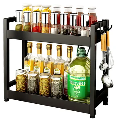 Immagine prodotto di Scaffale a due ripiani, da appoggio, con 4 ganci - Scaffale multifunzionale per la cucina, colore nero