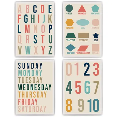 Produktbild von Englisch Kinderposter 4er Set ABC, Wochentage, Zahlen & Formen Lernposter Kinderzimmer Wandbilder Alphabet Lernhilfe – DIN A4 (21x29.7cm)