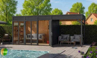 Produktbild von Gartenhaus Bertilo Cubus 3 Poolhouse inkl. Bodenplatte, Schleppdach 582 x 240 cm anthrazit