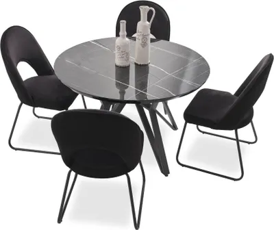 Zdjęcie produktu dla Luxus Esszimmer set Esstisch 4x Stühle Stuhl Textil Essgruppe Garnitur
