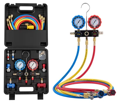 Obrázok produktu pre Sada manometrov VEVOR AC pre klimatizácie s chladivami R134a, R404A, R1234y a R22, 3-cestný manometer s 1,5 m hadicami, adaptérmi, rýchlospojkami a konektormi. Vhodný pre klimatizácie v motorových vozidlách