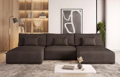 Produktbild von Easy4You Braun Ecksofa Modulo Kord in U-Form 315 x 80 x 152 cm mit Schlaffunktion und Bettzeugbehälter - Schlafsofa mit Bettkasten - Eckcouch mit Stauraum - Stoff: POSO 06