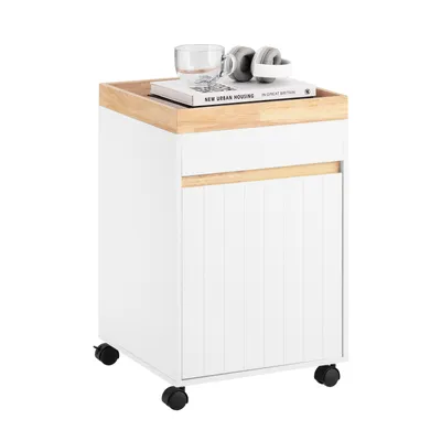 A white and wood roll container with wheels, shown from a 3/4 front angle against a white background.
