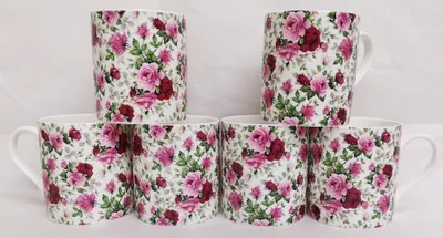 Productafbeelding van Set van 6 Fijne Bone China Mokken met Rozen Design
