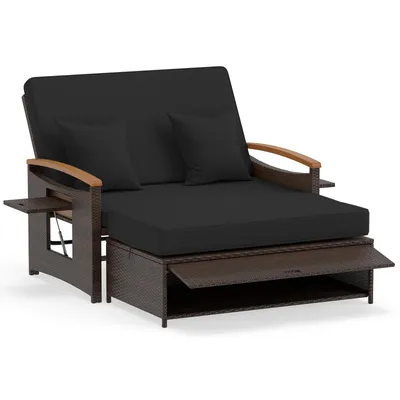 Produktbild von COSTWAY 3in1 Polyrattan Lounge Möbel Set, Gartenmöbel Doppelliege Gartensofa, Sofa 2 Sitzer mit Hocker, verstellbarer Rückenlehne & Stauraum, Schwarz