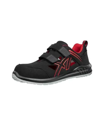 A single black and red safety shoe is shown against a white background.