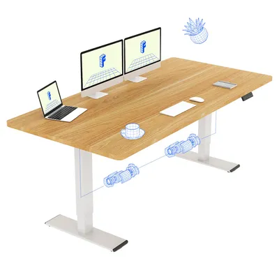 A digitally rendered image of a standing desk with dual monitors, a laptop, and a cup of coffee.