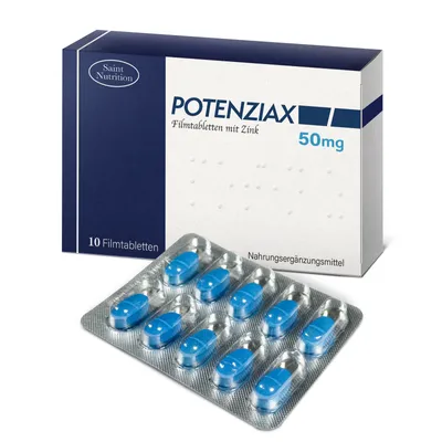 A box of Saint Nutrition Potenziax film tablets with a blister pack of blue tablets in front of it.