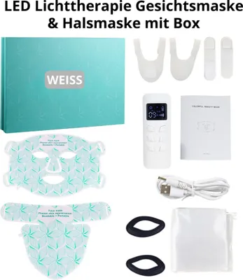 Produktbild von LED Lichttherapie Gesichtsmaske & Halsmaske – 8 Farben Rotlicht & Nahinfrarot – Anti-Aging, Porenverfeinerung, Akne & Hautaufhellung – Weiß