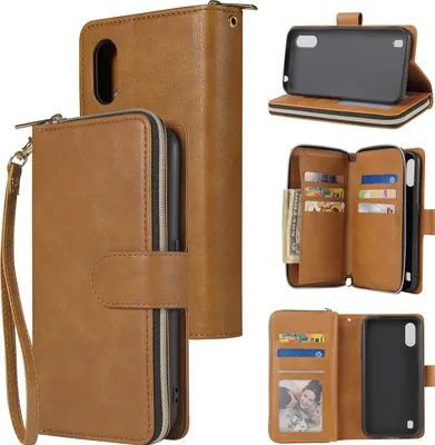 Produktbild von Für Samsung A01/A21/A31/A41/A51 Kunstleder Handyhülle Reißverschluss Tasche + Handschlaufe braun