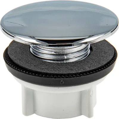 A close-up studio shot of a chrome-plated drain stopper with a black rubber gasket and a white plastic base.