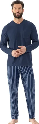 Produktbild von Mey Pyjama blau gestreift Baumwolle lange Hose