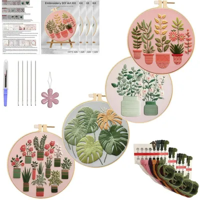 Produktbild von Stickset für Erwachsene, 4-teilig, mit floralen Motiven, für Anfänger