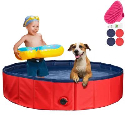 Produktbild von Stabiler Hundepool | Planschbecken für Hunde | Faltbarer Pool mit Ablassventil | rutschfeste Badewanne | Bällebad | Bälle Bad inkl. Badebürste & Reparaturset - Dog Pool 100x30 (Red) – Rot