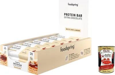 Produktbild von Extra Chocolate Protein Bar, Proteinriegel Weiße Schokolade und Mandeln, 12x45g, der perfekte Snack mit hohem Proteingehalt mit echter Schokolade + Italian Gourmet polpa 400g