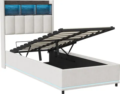 Productafbeelding van Moonbite bed met opbergruimte, 90x200 cm, fluweel, wit, LED-verlichting in 16 kleuren met 24-knops afstandsbediening, USB en Type-C aansluitingen, metalen lattenbodem