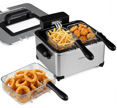 Productafbeelding van COSTWAY Friteuse, 5 liter, 2000W, roestvrijstalen friteuse met olie, inclusief 3 manden, kijkvenster, LED-touchdisplay, 6 programma's en vaatwasmachinebestendig