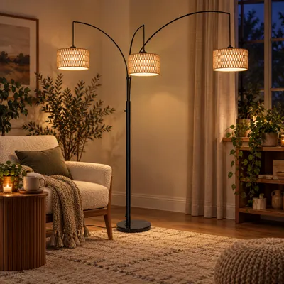 Productafbeelding van Booglamp met 3 lampen en dubbele kap, 180 cm staande lamp in zwart, inclusief rieten en stoffen kappen. Vintage vloerlamp voor woonkamer en slaapkamer, in boho- en moderne stijl, inclusief 3 LED-lampen