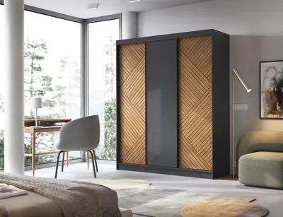 Obrázek produktu pro Šatní skříň s posuvnými dveřmi 180 cm VALORA - černá / dub karamel
