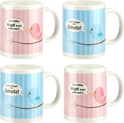 Produktbild von com-four® 4x Kaffeebecher aus Porzellan - Kaffee-Tasse mit Vogel-Motiv - Kaffeepott in pink und blau - 300 ml je Tasse