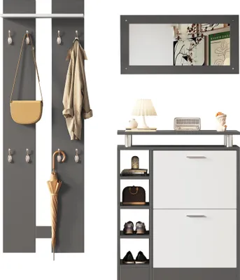 Produktbild von Wandgarderoben-Set 80 x 25 x 96.5 cm, inkl. Spiegel, 2 Wandpaneelen, einer Regalwand und einem Schuhschrank, Korpus anth
