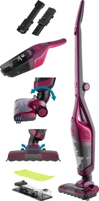A collage of images showing a cordless stick vacuum cleaner and its various attachments and components.