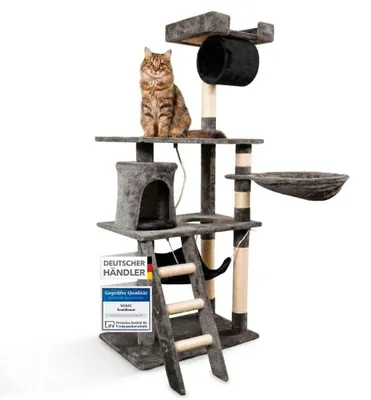 Produktbild von Foxdevil by xonic® Stabiler Kratzbaum für Katzen - Vielseitiger Katzenkratzbaum mit Aussichtsplattform, Hängematte, Kuschelhöhle, Spielkordel, Treppe – 141 cm Hoch – [ Grau/Schwarz V1