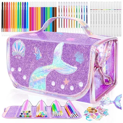 Produktbild von 70-teiliges Meerjungfrauen Malset für Kinder mit Federmäppchen, Filzstifte, Glitzerstifte, Buntstifte, Aufkleber, Lila