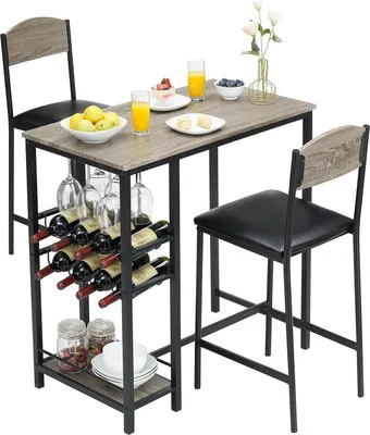 Immagine prodotto di Set da bar 3 pezzi - Tavolo con 2 sgabelli da bar - Vano portaoggetti - Struttura in metallo - Piano del tavolo in legno - Sedili imbottiti con poggiapiedi - Grigio