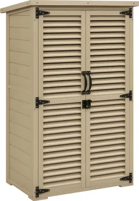 Image de Outsunny Armoire de jardin, cabane de jardin extérieur en bois, toit bitumé, avec 2 étagères, portes persiennes verrouillable, 75 x 50 x 118, bois naturel