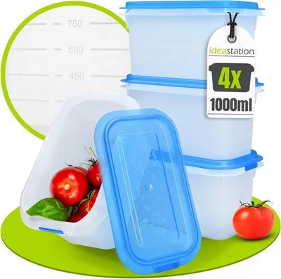 Image de Lot de 4 barquettes de congélation empilables de 1 000 ml avec couvercle - barquettes de congélation incassables - adaptées à la congélation - sans danger pour les aliments et sans BPA