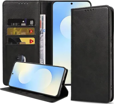 Immagine prodotto di Adatto per Samsung Galaxy S25 FE Custodia per telefono in ecopelle con chiusura magnetica e portacarte a libro con patta - Custodia a portafoglio con slot per carte - Nero - Smartphonics