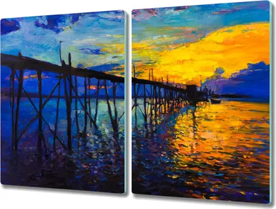 Produktbild von Coloray Kochplattenabdeckung Herdabdeckplatte 2x40x52 cm Hackbrett Schneidebrett Küchenbrett - Pier Sonnenuntergang