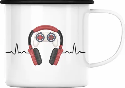 Produktbild von Trendation - Gamer Emaille Tasse Geschenk Herzschlag Zocker Geschenkidee Jungs Jungen Mitbringsel (Schwarz)