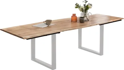 Produktbild von Esstisch Baumkante Akazie natur 140(220)x90 Ansteckplatten silber PAULO