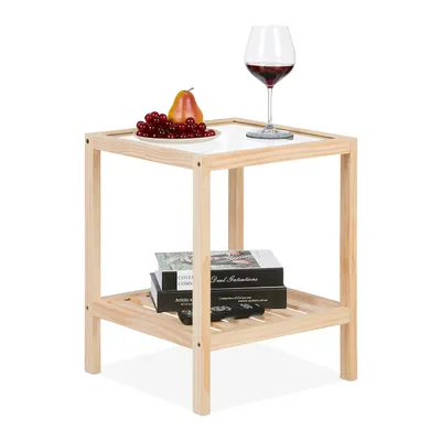 Produktbild von Relaxdays Beistelltisch, Wohnzimmertisch mit Glasplatte, Holz, HxBxT: 50 x 40 x 40 cm, quadratischer Ablagetisch, natur