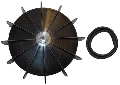 A black fan wheel and a black rubber ring are shown on a white background.