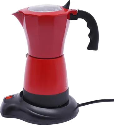 A red electric moka pot coffee maker with a black base and handle, shown on a white background.