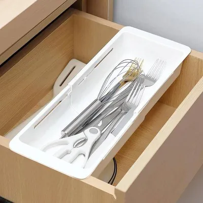 Immagine prodotto di Set di due organizer per cassetti profondi, con struttura pieghevole e cassetto regolabile, adatti per stoviglie da cucina, utensili da barbecue, asciugamani, ecc. (31,7-45,6 cm).